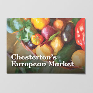 postcard reading 'chesterton's european market' with painted vegetables on it