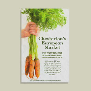 poster reading 'chesterton's european market' with painted carrots on it
